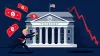 Cartoon Trump trying to catch red dollar bills flying away from Treasury building while market graph plunges downward against dark blue background.
