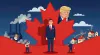 Mark Carney stands against Canadian maple leaf backdrop with Trump looming overhead, steel factories and housing prices on sides symbolizing key 2025 election issues.