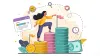 Woman climbing colorful coin stacks with milestone flags, surrounded by SMART goal icons and financial trackers. Her journey represents progressive achievement of financial goals.