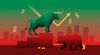 Green bull standing triumphantly over red bear with upward gold arrow, symbolizing US stock market recovery after tariff announcement.