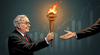 Illustration of Warren Buffett passing a lit golden torch to a successor's hand. Stylized stock chart lines are in the grey background.
